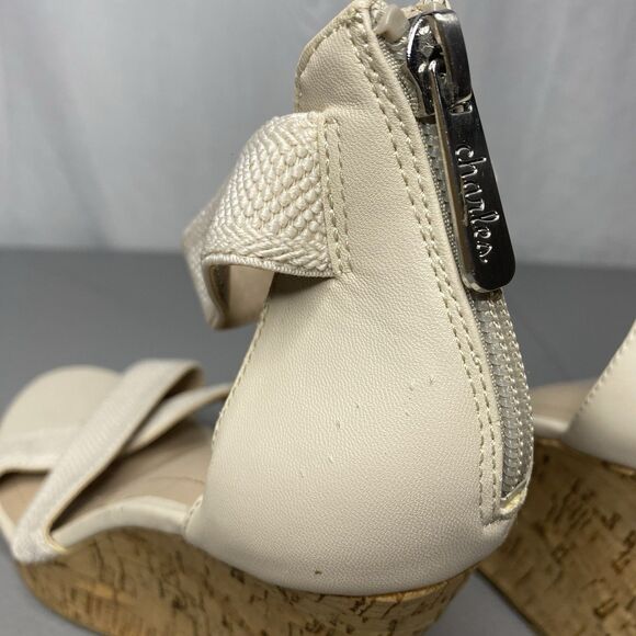 Charles David Platform Sandals Size 7.5 Wedge Zip Back Stretch Strap Beige - Picture 6 of 9